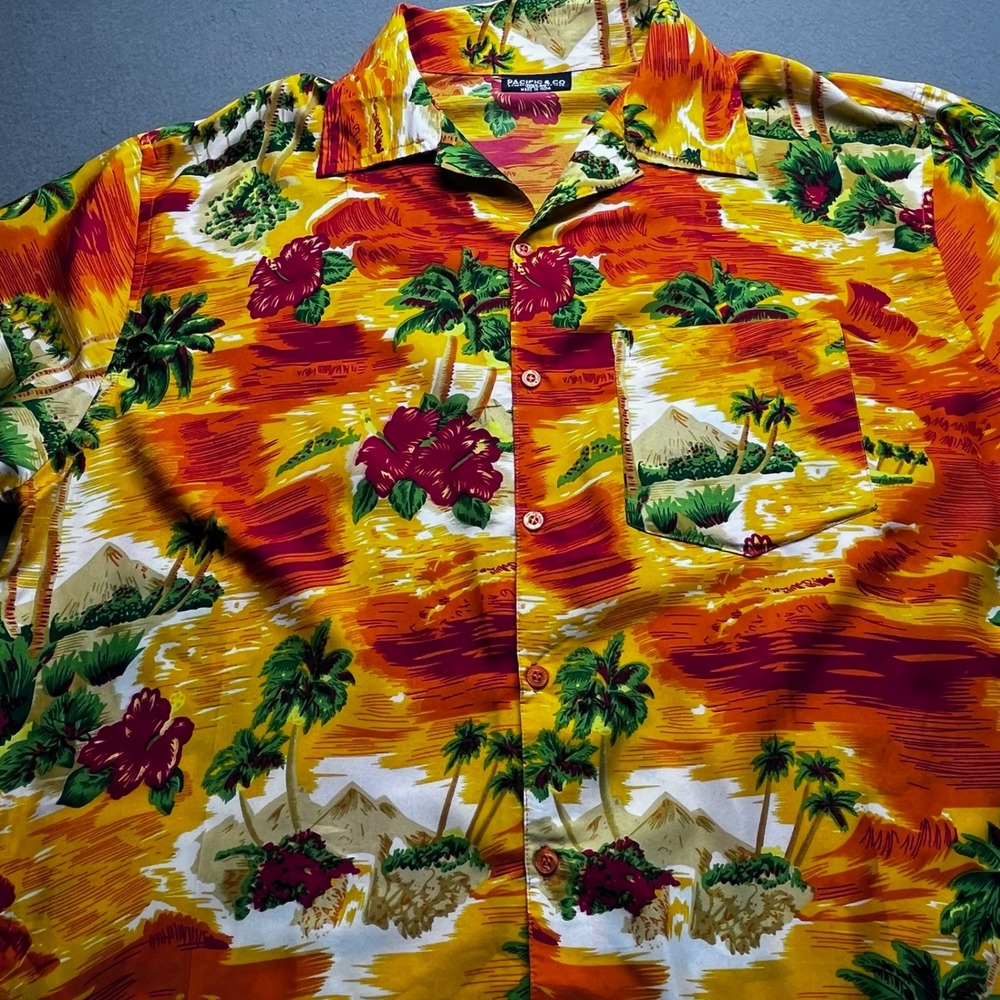 Pacific & Co Hawaiian Shirt Mens Large Orange Tropical Palm Sunset‎ Style 4747 L